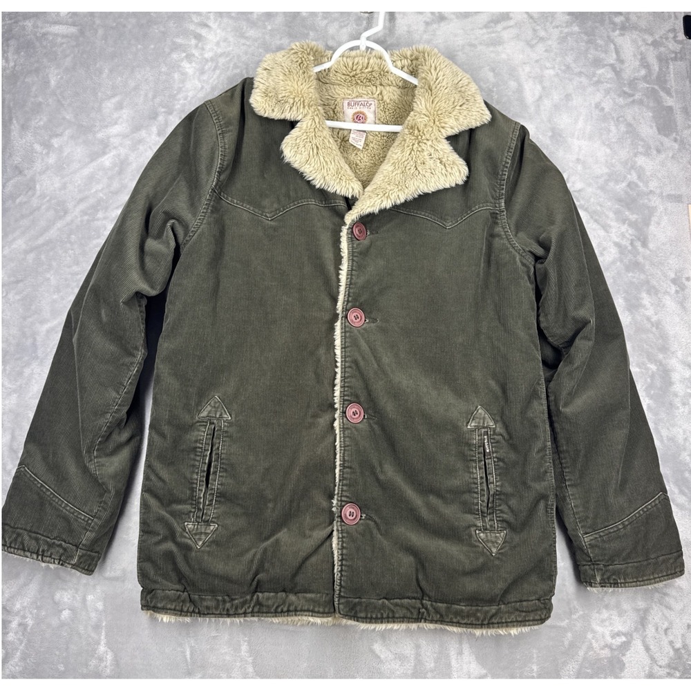 Vtg BUFFALO DAVID BITTON Corduroy Jacket Mens L Olive Green Faux Shearling Lined